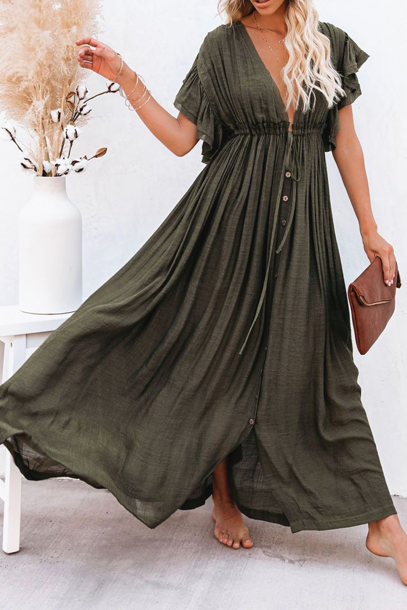 loveedsTM-Elegant Solid Frenulum Buckle V Neck A Line Dresses