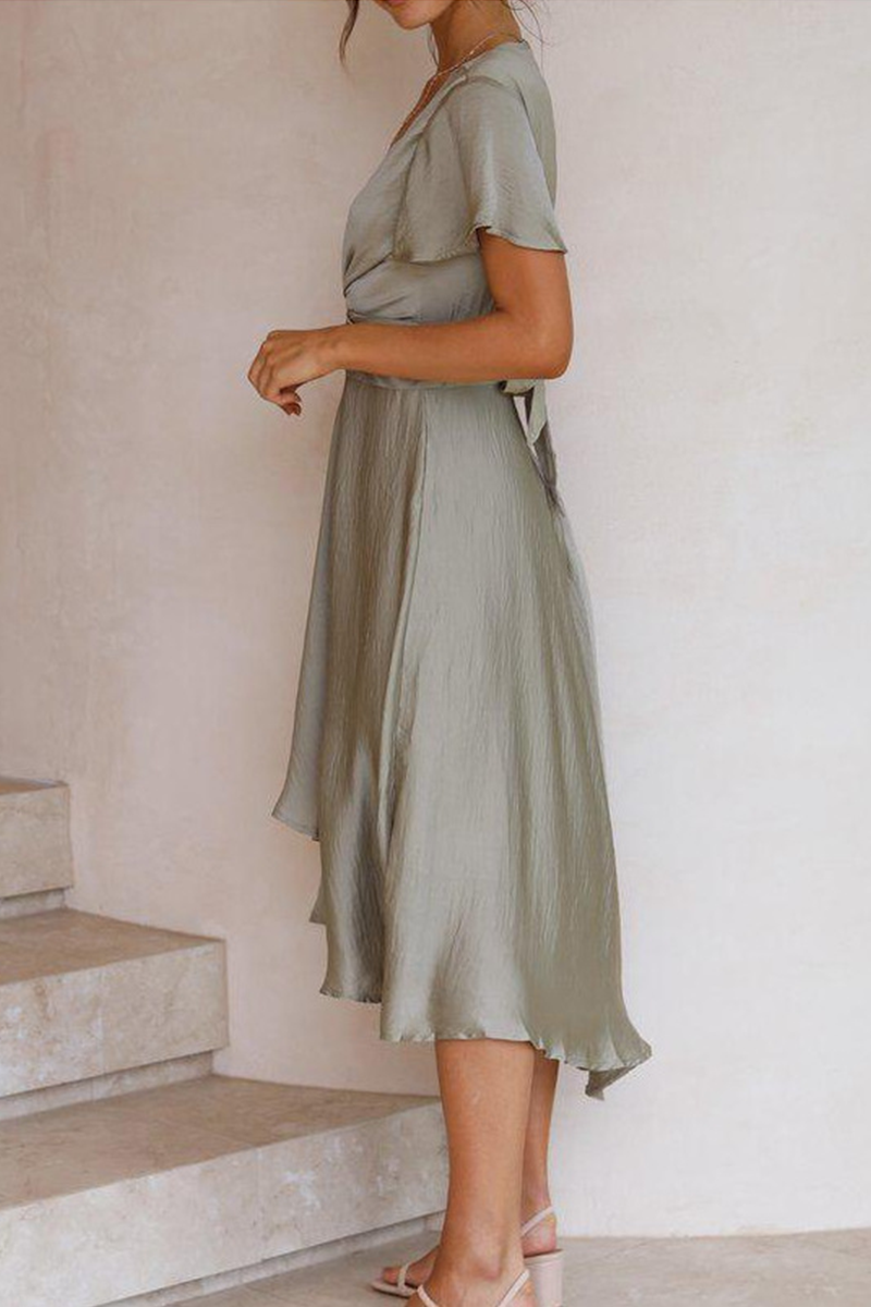 loveedsTM-Elegant Solid Knotted With Belt V Neck Irregular Maxi Dresses