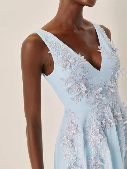 Light Blue Lace Asymmetric Chiffon V Neck Sleeveless A-Line Maxi Dress