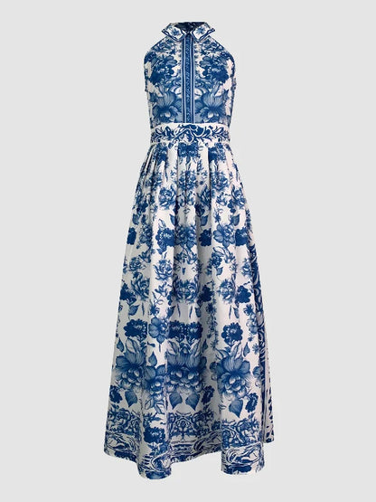 A-Line Loose Flower Print Split-Joint Lapel Maxi Dress