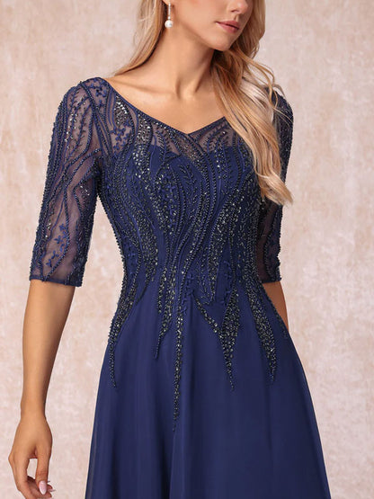 A-Line/Princess V-Neck Half Sleeves Long Formal Evening Dresses With Beading