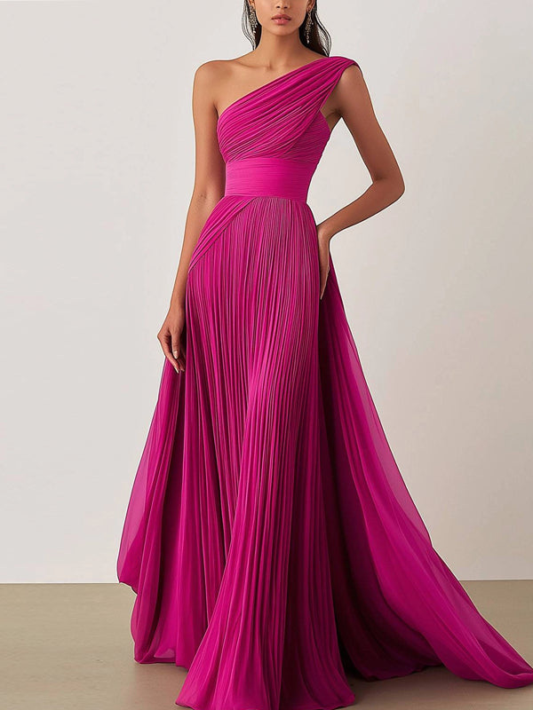 Prom Formal Pleated Dress Rose Color One-Shoulder Floor-Length Dress