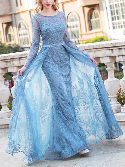 Round Neck Lace Long Sleeves Maxi Dress