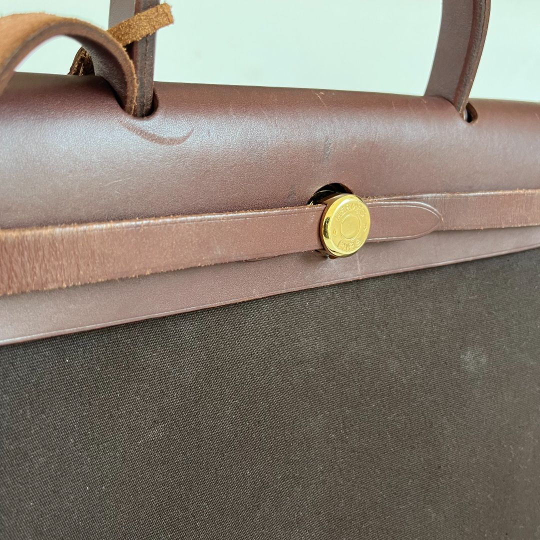 Hermes Chocolate Brown/Beige Toile and Leather Herbag 31 Bag