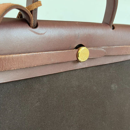 Hermes Chocolate Brown/Beige Toile and Leather Herbag 31 Bag