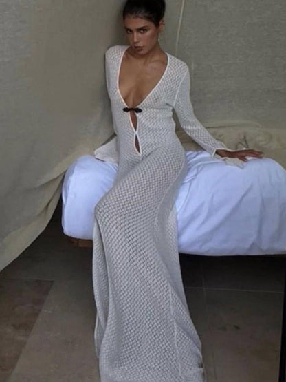 loveedsTM-Summer Beach Holiday Knitted Maxi Dress Outfits for Women Party Club Long Sleeve See Through Dresses Hollow Out