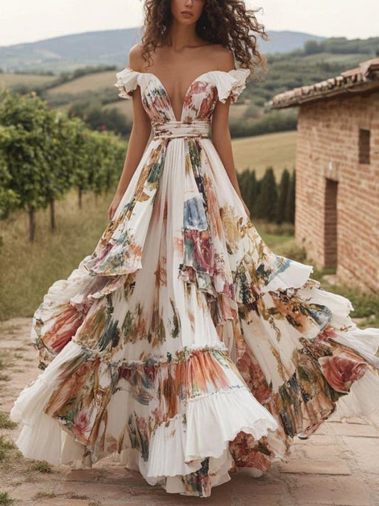 Retro Temperament One Shoulder Print Ladies Dress