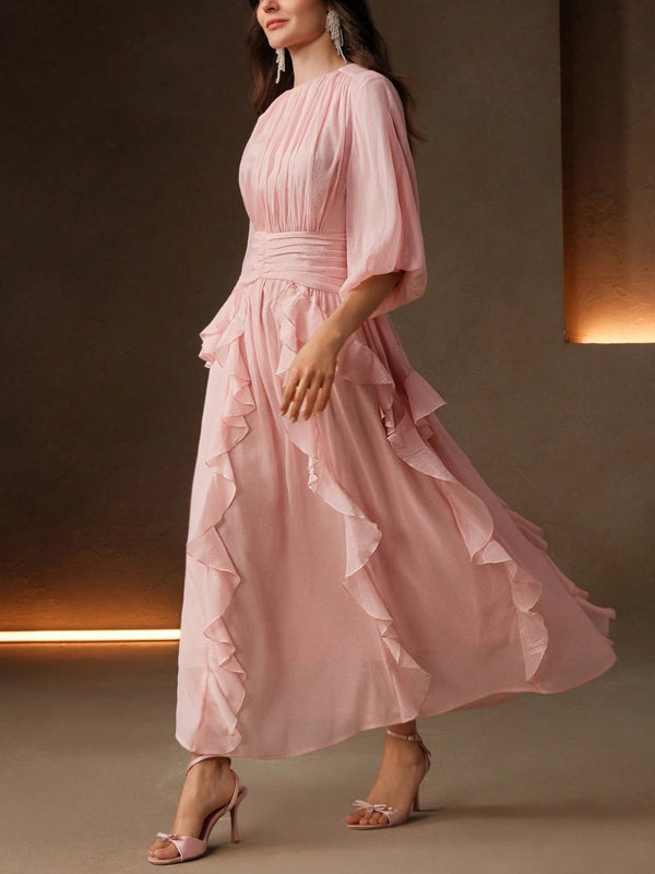 Elegant Women's Balloon Sleeve Waist Cinched Pink Loose Flare Dress