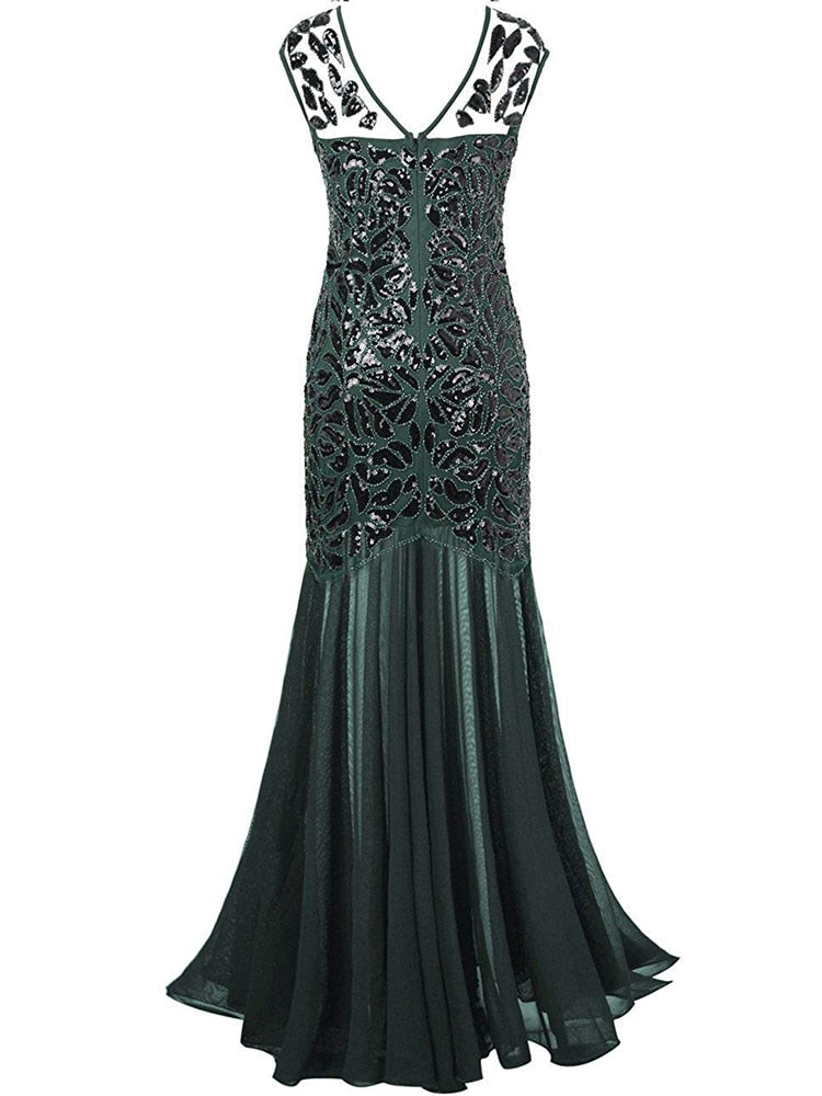 loveedsTM-Vestidos Vintage Mujer Sequins Beading Long Evening Dresses Formal Round Neck Lace Long Sexy Women Party Special Occasion