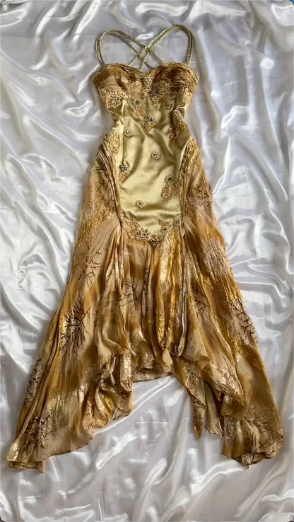 Gold Gorgeous Beautiful Charming Elegant Exquisite Floral Beaded Strapless Long Satin Chiffon Ball Gown Evening Dress Party Dress Prom Dress gh3824