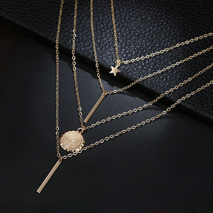 Copper Bead Chain Sequin Metal Leaf Multilayer Necklace