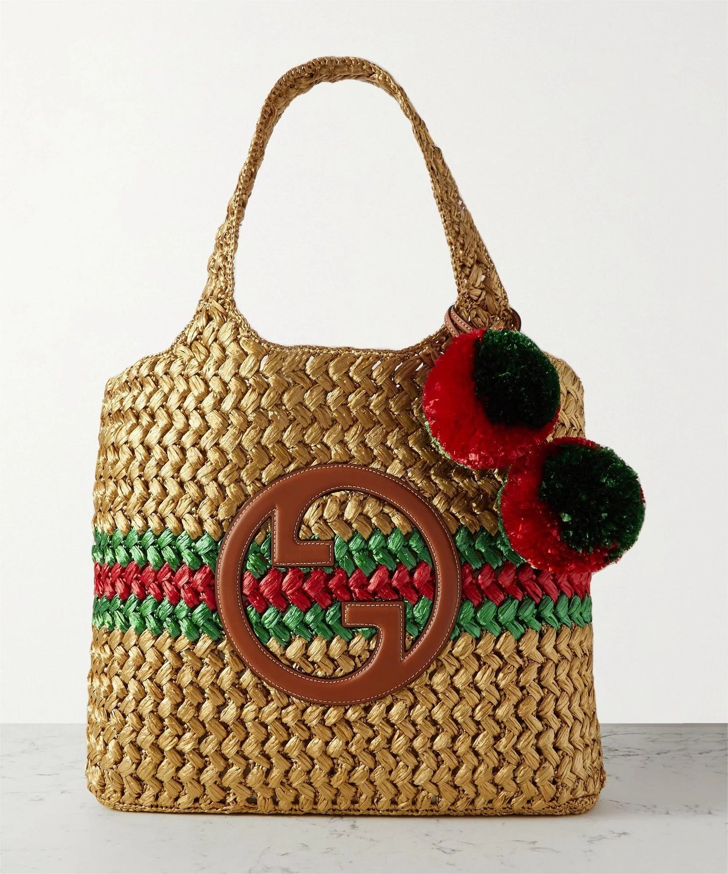 GUCCI Embellished leather-trimmed metallic crocheted raffia tote