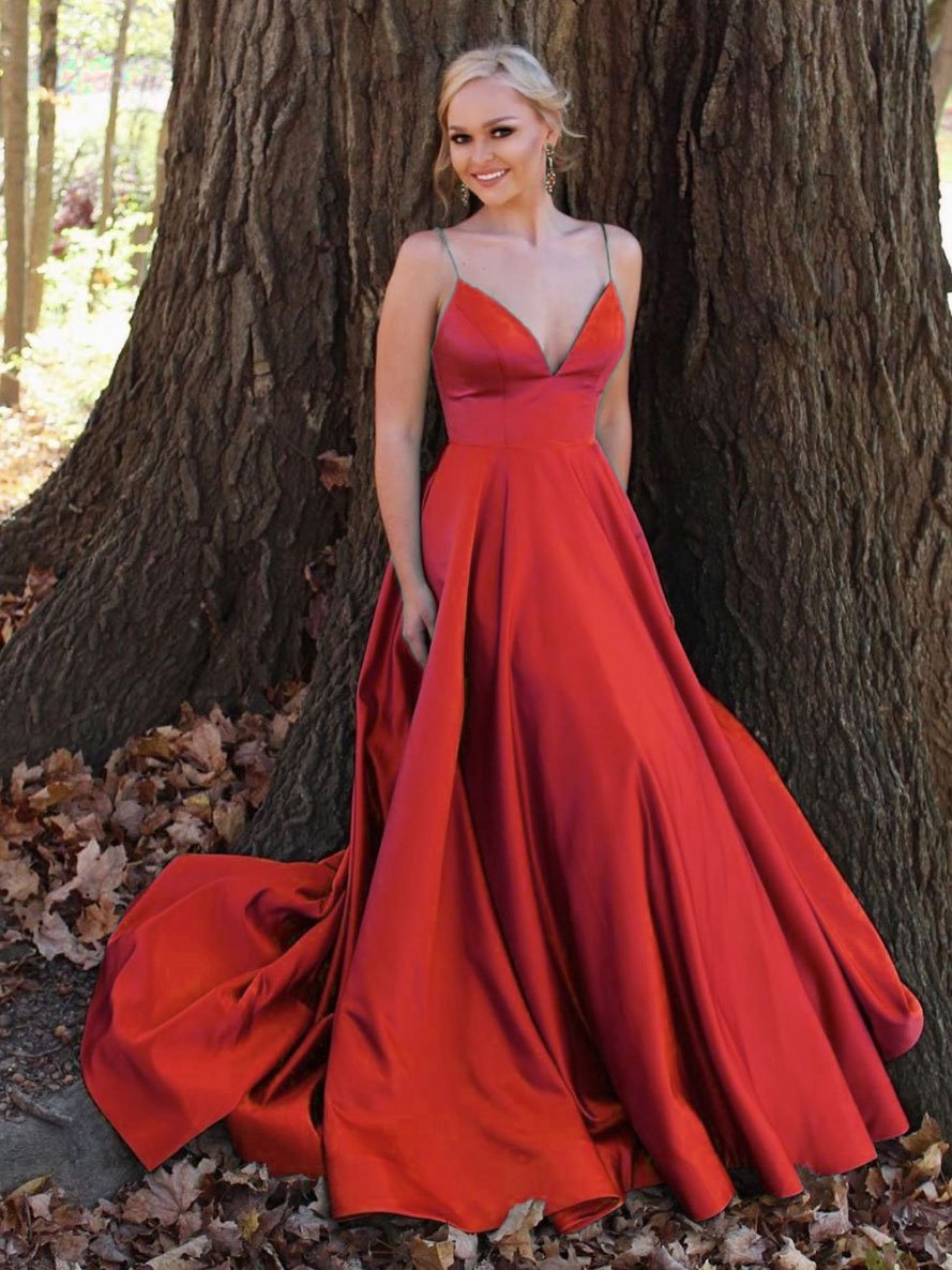 Simple v neck satin long prom dress green v neck gold formal dresses,Dance Dress