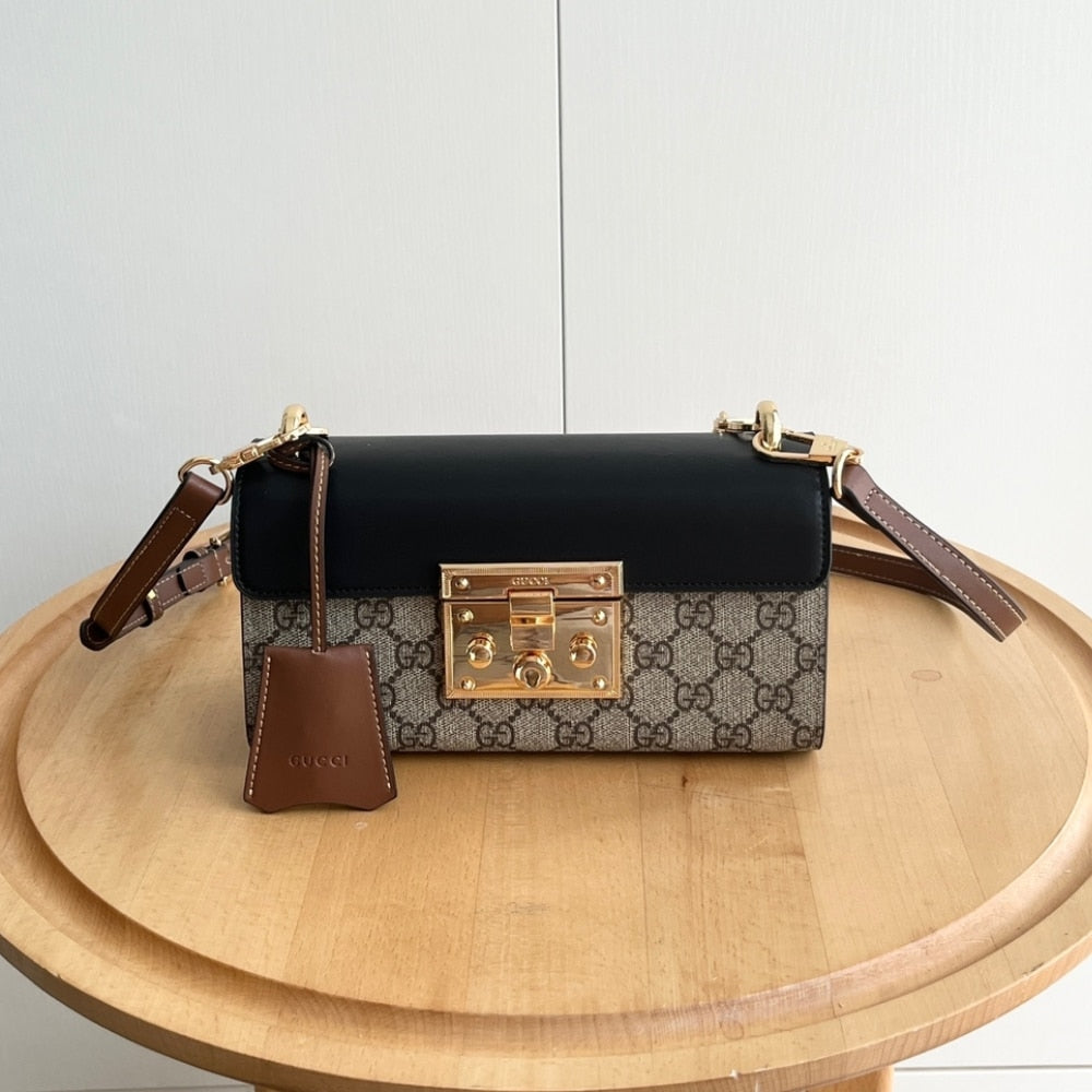 GUCCI PADLOCK SMALL SHOULDER GG SUPREME CANVAS BLACK 22CM ‎735103 KLQJG 9785