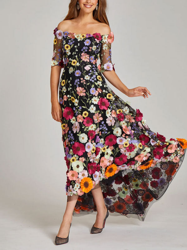 Women's Off-Shoulder Floral Appliquéd Lace Dress