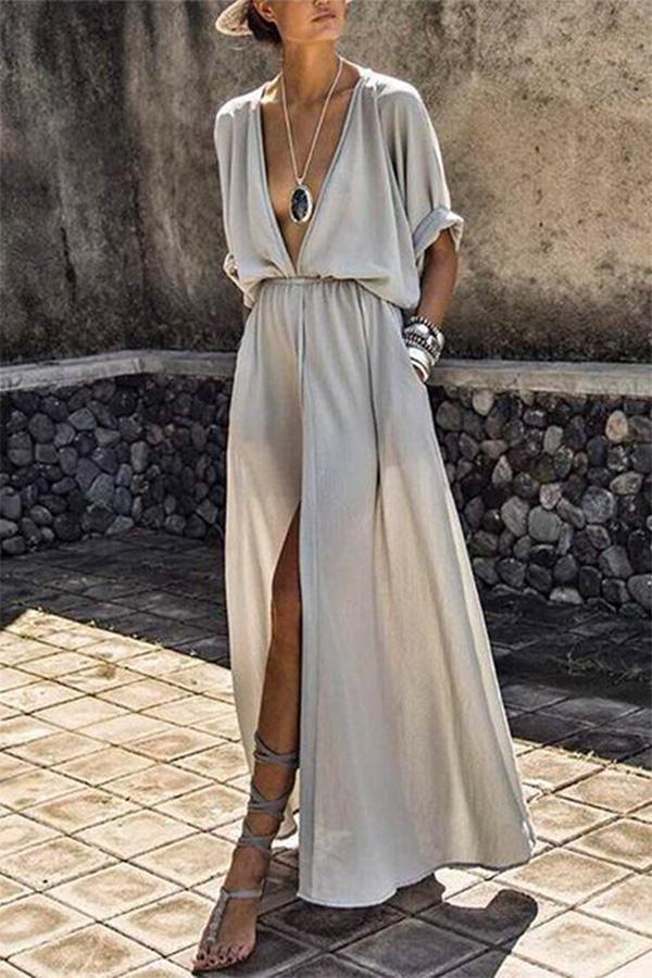 loveedsTM-Deep V-neck Solid Color Mid-sleeve Large Swing Split Long Dress