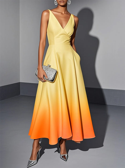 Orange Ombre Classic V Neck Sleeveless A-Line Midi Dress