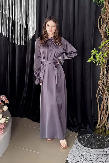 loveedsTM-Solid Color Satin Long Sleeve Loose Dress