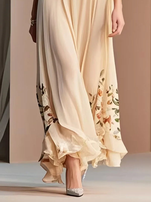 Apricot Print Draping Chiffon Dresses Bracelet Sleeve
