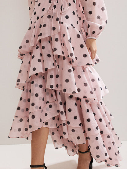 Tie-up Layered Chiffon Polka Dots Women's Dress