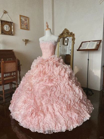 Pink Rose Flower Sweetheart Neck Ball Gown Lace Organza Prom Dress Birthday Dress SH3635