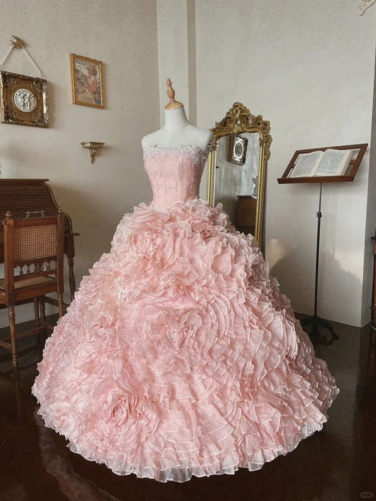 Pink Rose Flower Sweetheart Neck Ball Gown Lace Organza Prom Dress Birthday Dress SH3635