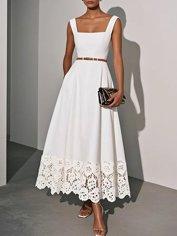 White Lace Classic Square Neck Sleeveless A-Line Maxi Dress