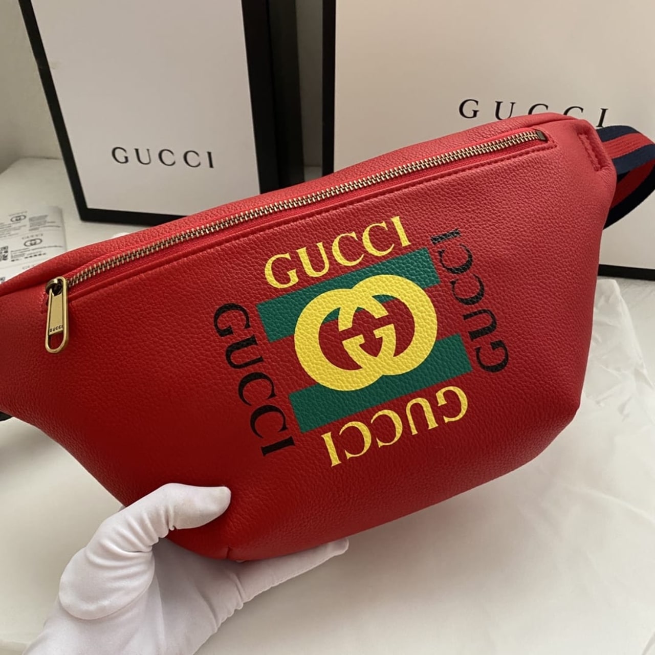 GUCCI PRINT BELT BAG RED 28CM 493869 0GDCT 6463