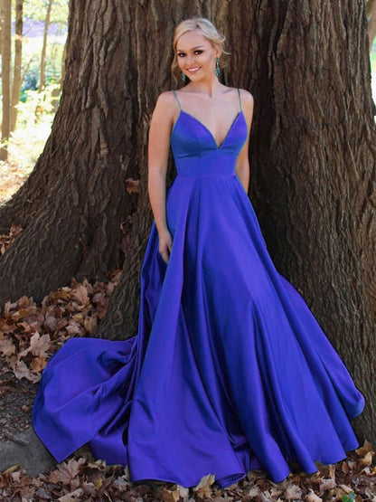 Simple v neck satin long prom dress green v neck gold formal dresses,Dance Dress