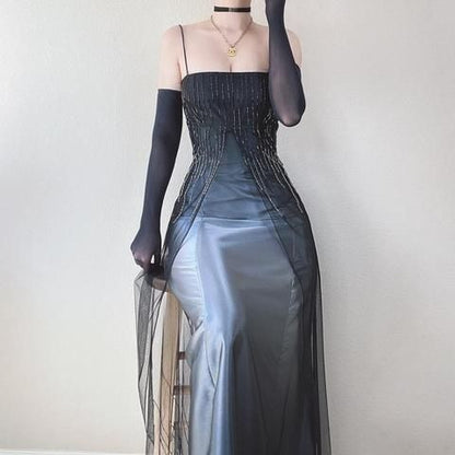 Blue elegant fashion exquisite spaghetti straps long tulle ball gown evening dress party dress prom dress gh4482