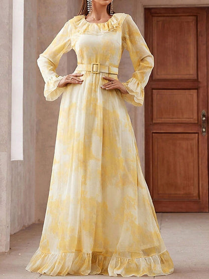 Elegant Mesh Print Belted Women's Dress