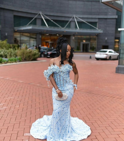 Blue Exquisite Mermaid One Shoulder Beaded Satin Long Party Dress Prom Dress Formal Dress SH3852