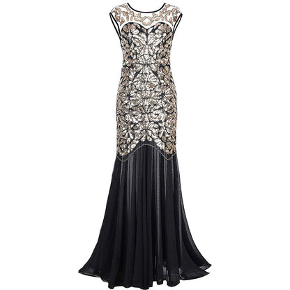 loveedsTM-Vestidos Vintage Mujer Sequins Beading Long Evening Dresses Formal Round Neck Lace Long Sexy Women Party Special Occasion