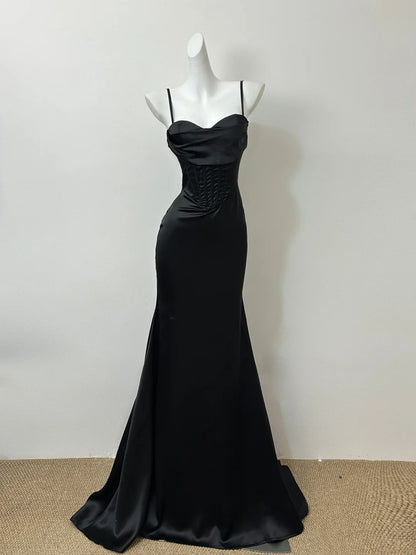 Black/Champagne Simple Fashion Elegant Spaghetti Strap Long Satin Floor Length Ball Gown Evening Gown Prom Dress gh3905