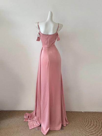 Pink Sweet Fashion Elegant Long Floor Length Satin Sexy Slit Ball Gown Evening Dress Party Dress Prom Dress gh4050