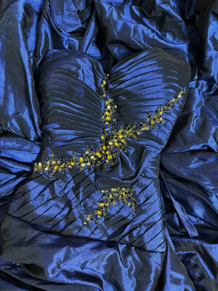 Blue vintage rhinestone embellished elegant long pleated ball gown evening dress gh3057