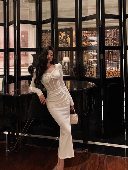 Sexy Sheath White Long Sleeves Satin 21st Birthday Dress Party Gown Birthday Outfits Birthday Dress Ideas For Women DP1896