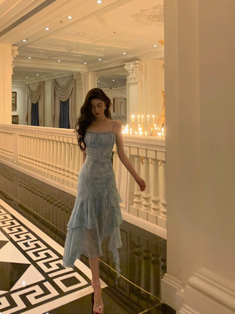 Sexy A line Floral Blue 21st Birthday Dress Party Gown Birthday Outfits Birthday Dress Ideas For Women DP1886