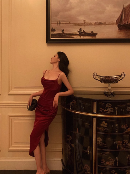 Sexy Sheath Red Spaghetti Straps Satin 21st Birthday Dress Party Gown Birthday Outfits Birthday Dress Ideas For Women DP1890