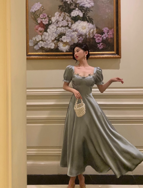 Vintage A line Square Blue Satin Prom Dresses Ruffles Evening Gowns Evening Dress DP1882