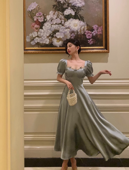 Vintage A line Square Blue Satin Prom Dresses Ruffles Evening Gowns Evening Dress DP1882