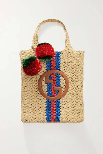 GUCCI Embellished leather-trimmed crocheted raffia tote