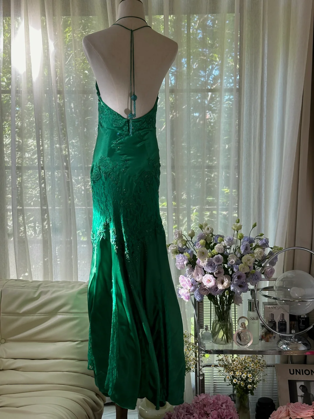 Green Gorgeous Shiny Fashion Elegant Delicate Lace Beading Long Satin Chiffon Fairy Ball Gown Evening Dress Birthday/Wedding Guest/Holiday Party Dress Prom Dress Valentine's Day Date Dress gh4037