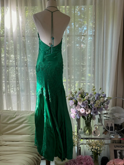 Green Gorgeous Shiny Fashion Elegant Delicate Lace Beading Long Satin Chiffon Fairy Ball Gown Evening Dress Birthday/Wedding Guest/Holiday Party Dress Prom Dress Valentine's Day Date Dress gh4037