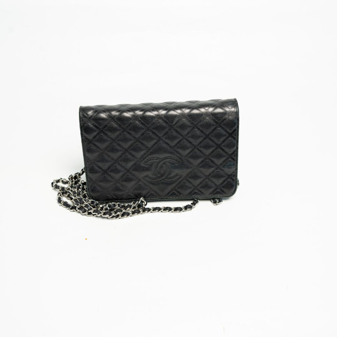 Chanel Black Quilted Leather Diamond CC Wallet On Chain