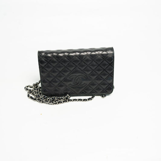 Chanel Black Quilted Leather Diamond CC Wallet On Chain