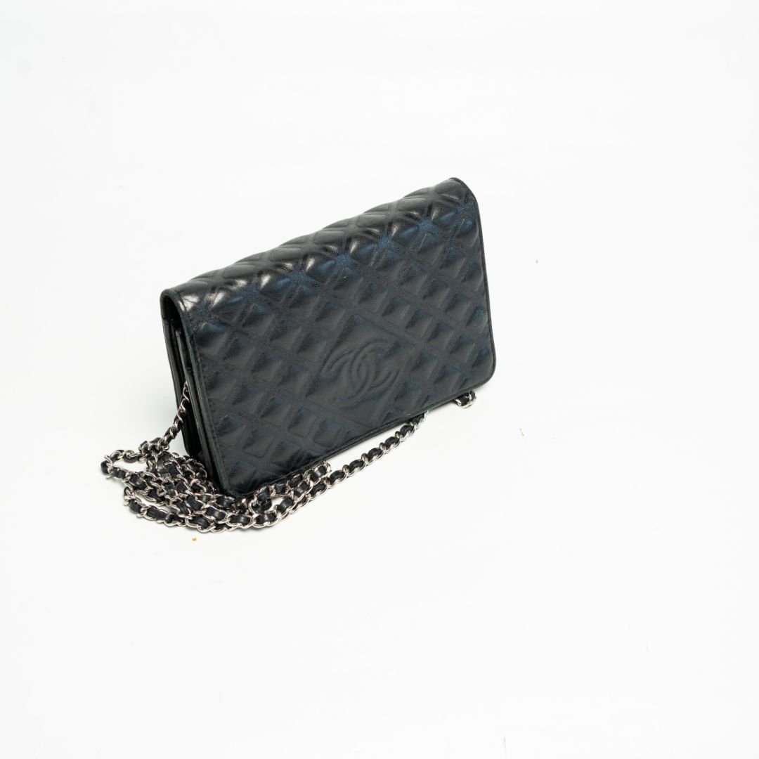 Chanel Black Quilted Leather Diamond CC Wallet On Chain