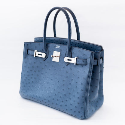 Hermes Ostrich Blue Birkin 30 Bag with Palladium Hardware