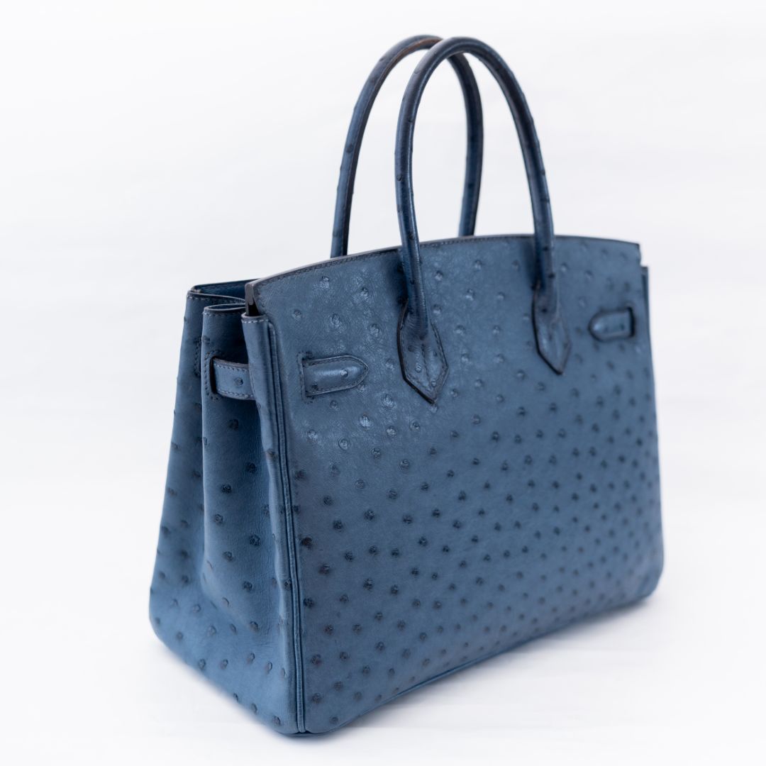 Hermes Ostrich Blue Birkin 30 Bag with Palladium Hardware