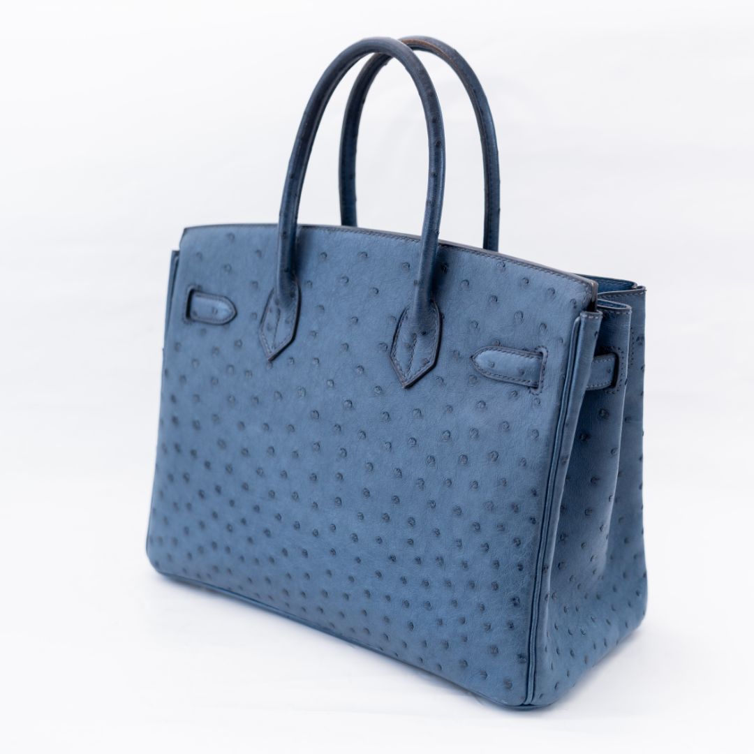 Hermes Ostrich Blue Birkin 30 Bag with Palladium Hardware